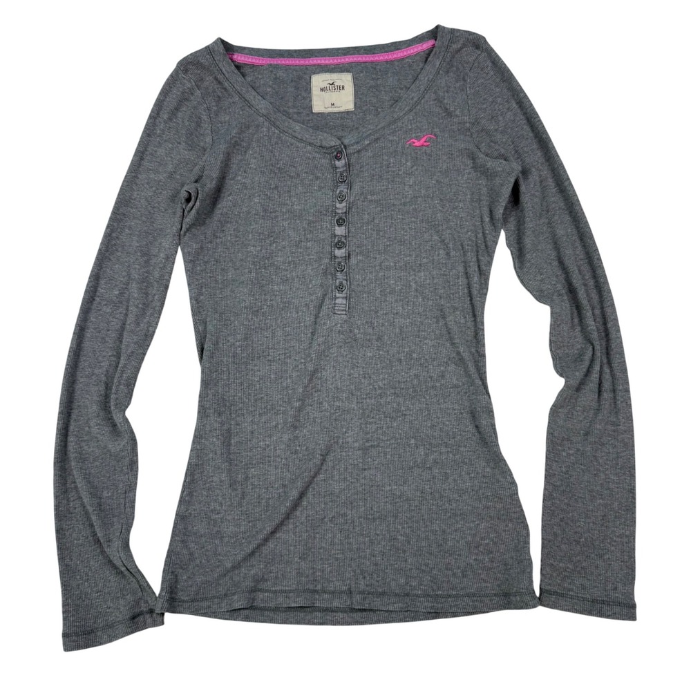 VTG Y2K Hollister Gray Ribbed Fitted Long Sleeve Henley Top Sz M Bella Swan